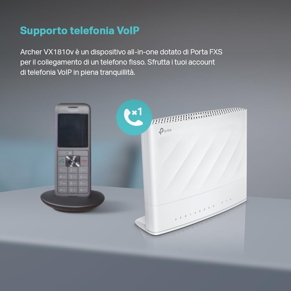 TP-Link Archer VX1810v Modem Router VDSL/ADSL, AX1800Mbps Dual Band WiFi 6, Profilo VDSL2 35b, VoIP, 4 Porte Gigabit, Porta DSL, FXS, Compatibile con VDSL2/ADSL2+/ADSL2/ADSL, Porta USB AX1800 Wi-Fi 6