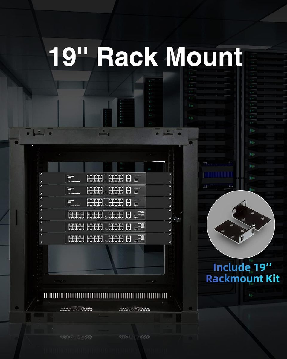YuLinca 19 Port PoE Switch, IEEE802.3af/at, Max 200W, Port-based VLAN, 250m PoE Extend, RackMount Fanless Unmanaged Ethernet Switch 19 Port | 200W