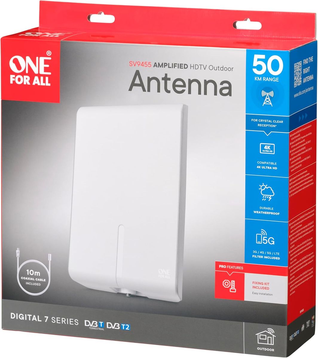 One For All SV 9455 5G Außenantenne, DVB-T2, 3G/4G/5G-Blockfilter, IP55, 10 m Kabel, Full-HD