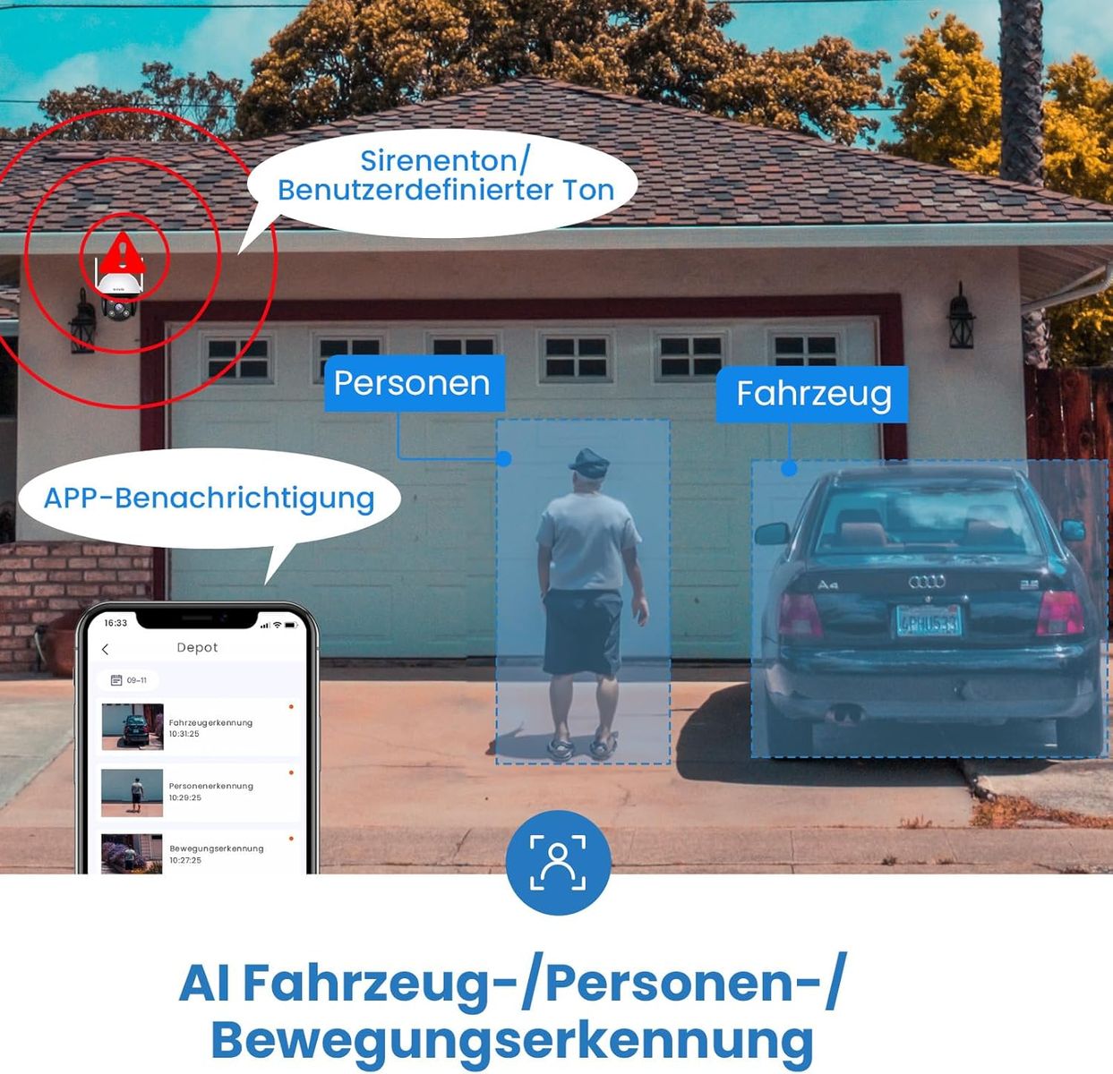 Tenda Überwachungskamera Aussen WLAN 2K+, Fahrzeug-/Personen-/Bewegungserkennung, WLAN Kamera Outdoor 4MP mit Nachtsicht in Farbe, 2-Wege Audio, Ton- und Lichtalarm, APP/Web-Steuerung, CH7 CH7| 2K+