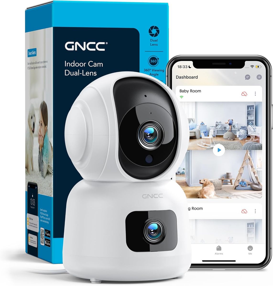 GNCC GP4 Innen-Überwachungskamera, Babyphone mit Kamera & 360°-Hundekamera, 2-Wege-Audio, 1080p HD, WLAN 2,4 GHz, Nachtsicht, Bewegungserkennung