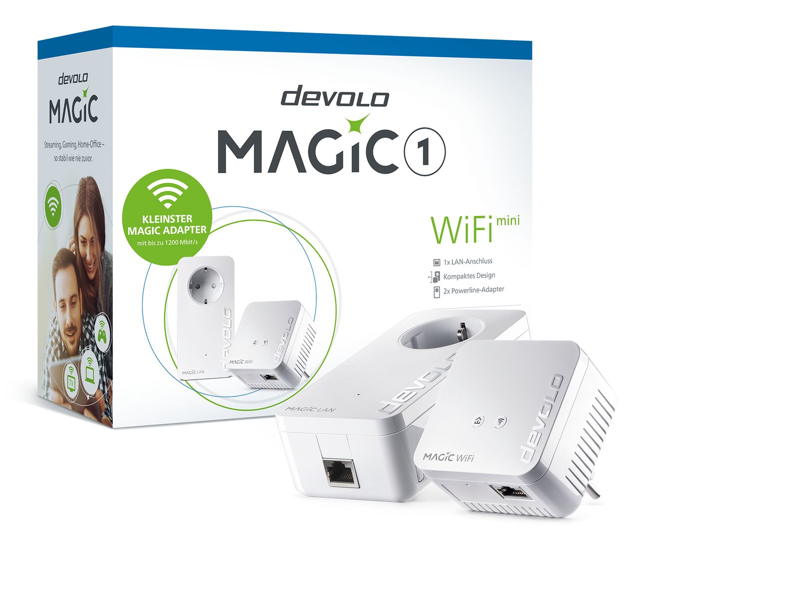 devolo Magic 1 WiFi mini Starter Kit, Powerline Mesh G.hn 1200 Mbit/s, Fast Ethernet, WLAN Wi‑Fi 4, Eingebaute Steckdose, Weiß, 2er-Set