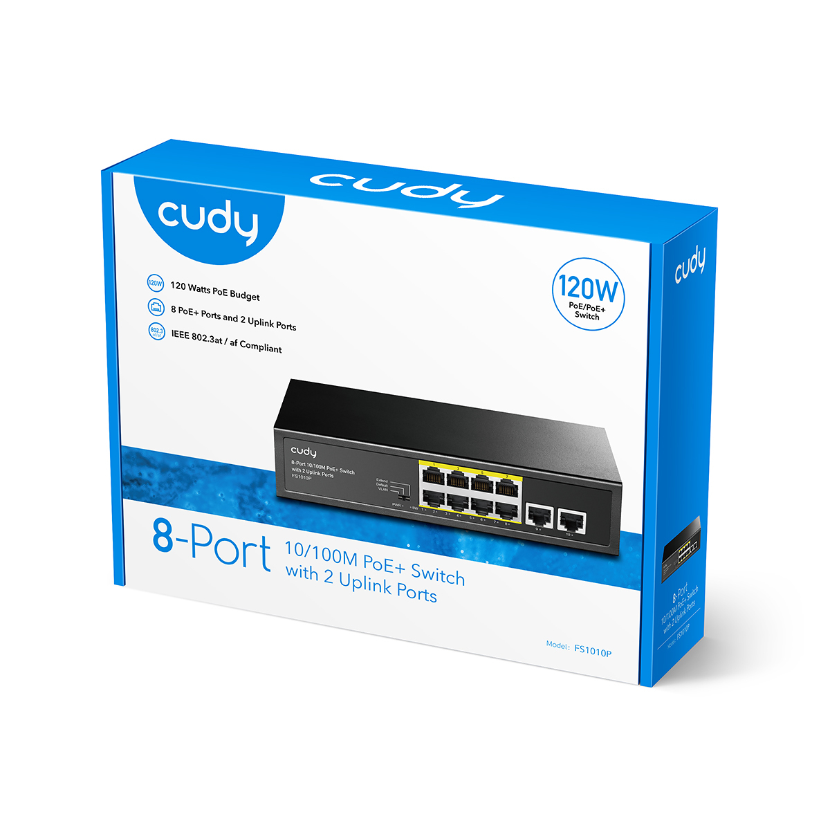 Cudy FS1010P 8-Port PoE Netzwerk-Switch Fast Ethernet 10/100, 8x PoE (2x PoE+), 120W Gesamtleistung, Metallgehäuse, Schwarz