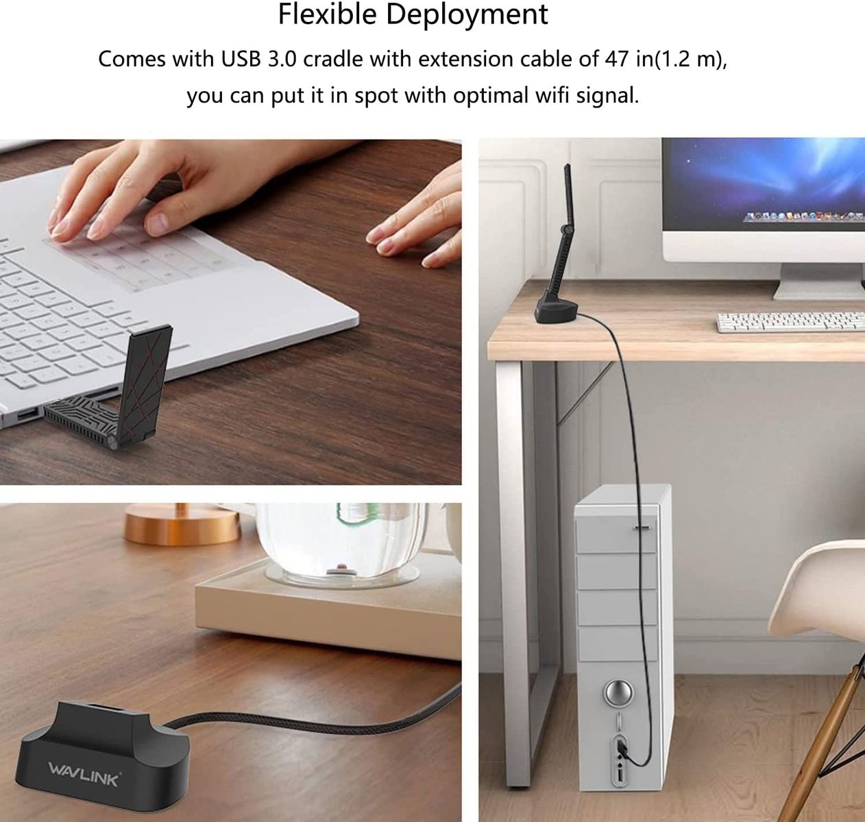 WAVLINK AC1900 USB 3.0 WiFi Dongle Adapter for PC, High Gain Wireless Adapter with 120 cm Cable for PC/Desktop/Tablet/Laptop, Internet Dongle Supports Windows and Mac OS