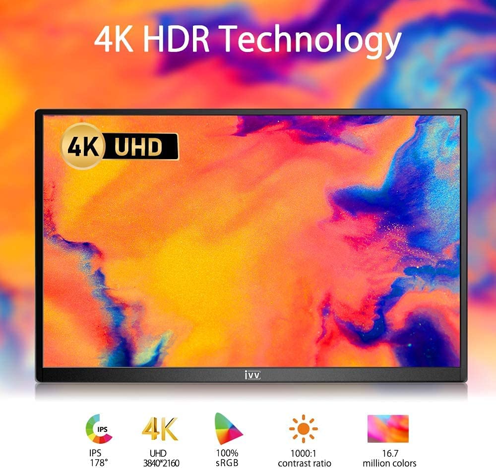 IVV 13.3" Portable Monitor 13.3" IPS UHD 3840x2160 for PC Notebook Mobile Phone