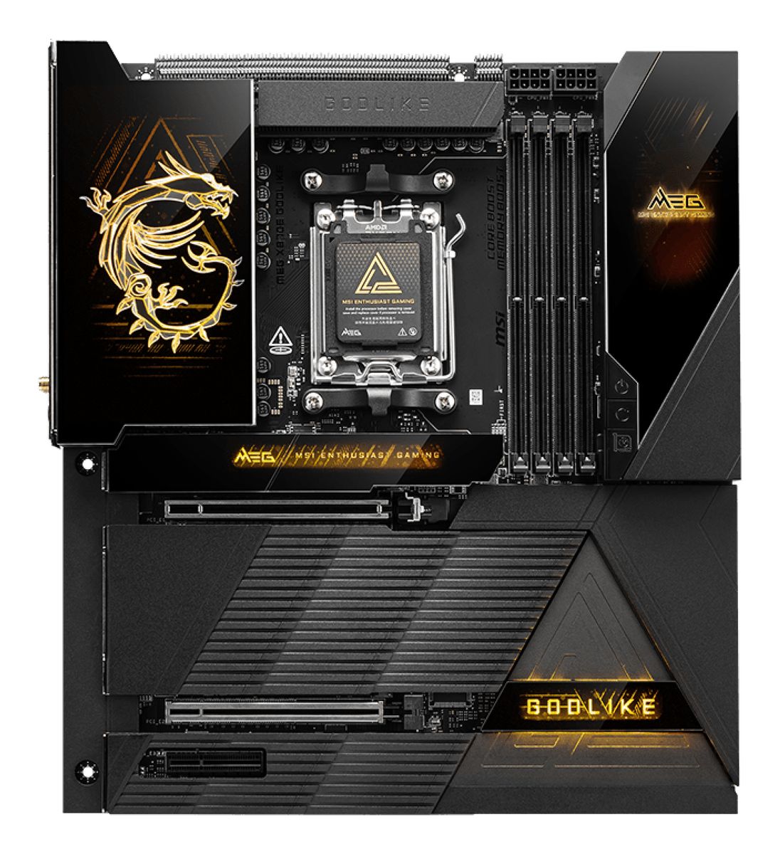 MSI MEG X870E GODLIKE Mainboard AM5, AMD X870E, E-ATX, DDR5, 5× M.2, 4× SATA III, 5 GbE, Wi‑Fi 7, Bluetooth 5.4, 7.1 Audio