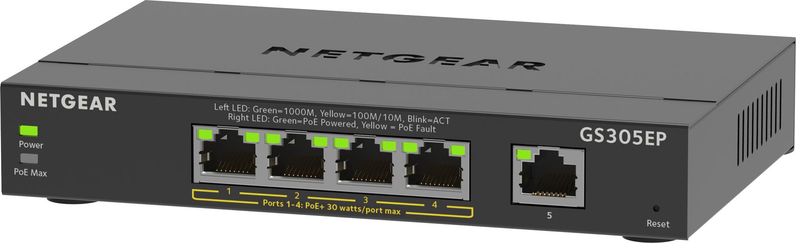 NETGEAR GS305EP PoE Switch 4 Port Gigabit Ethernet LAN Switch PoE+ 63W Plus (5 Ports Plug-and-Play, Managed Netzwerk Switch PoE, IGMP Snooping, QoS, VLAN, Lüfterloses Metallgehäuse) 5 Port | Managed | 4x PoE+ 63W