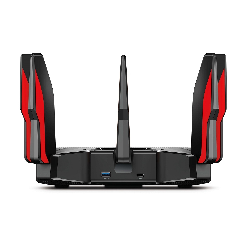 TP-Link Archer AX11000 Wi-Fi 6 Triband WLAN Gaming Router (10,76 Gbit/s auf 2x5GHz und 2.4Ghz, 8 × Gigabit LAN-Ports, 2 × USB 3.0 auf Type A und Type C, HomeCare, Schnellinstallation)schwarz, rot