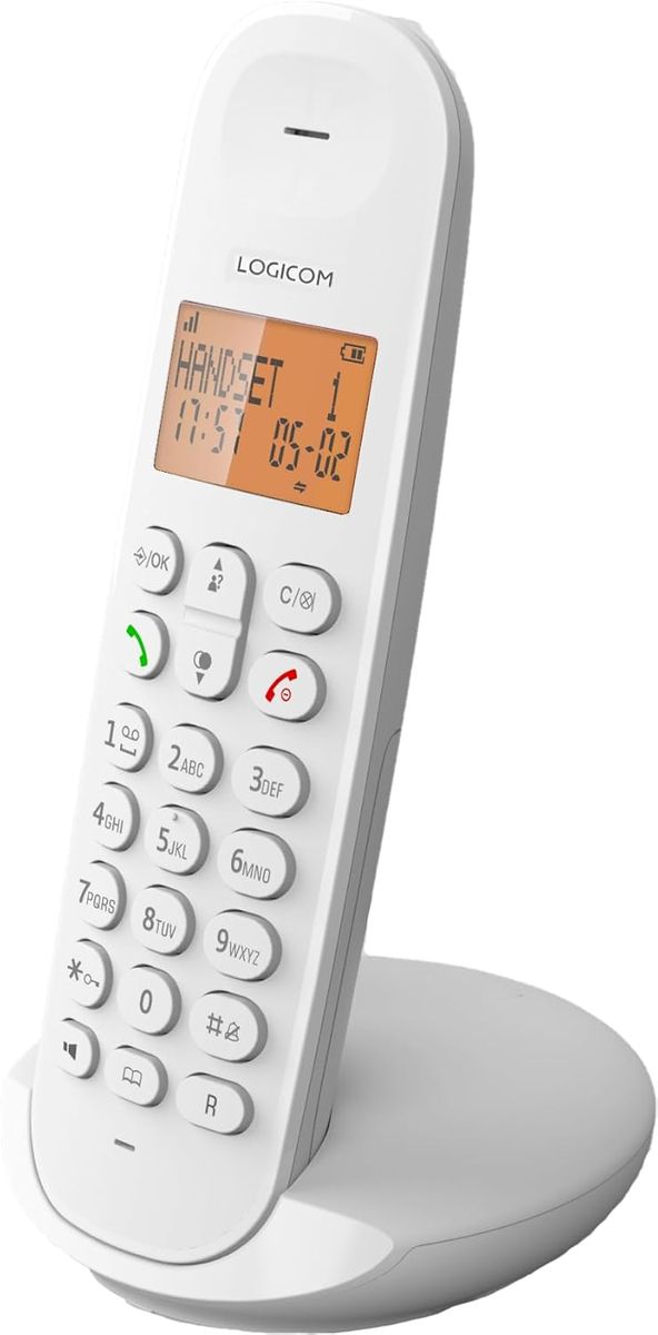LOGICOM Schnurloses Festnetztelefon Iloa 150 Weiß, analoge und DECT-Telefone, 7 Std. Sprechzeit, 50 Kontakte, 10 Klingeltöne, Freisprecheinrichtung, Tastatursperre, Alarm