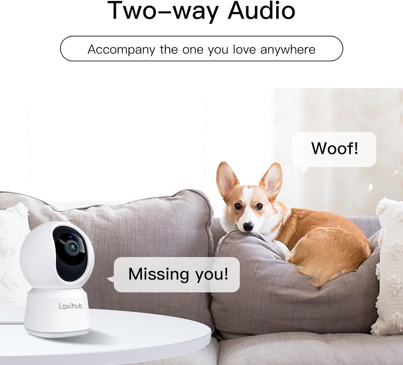LAXIHUB Hundekamera mit App 2K/3MP HD Kamera Überwachung Innen 2,4 GHz, Hundekamera Nachtsicht Innenkamera WLAN 2-Wege-Audio Haustierkamera Bewegungs- & Geräuscherkennung, kompatibel mit Alexa 1pc Hundekamera