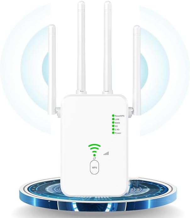 GUHUASHI WHITE02 WLAN-Repeater Dual-Band 1200 Mbit/s, Signalverstärker 4 x 3dBi Antennen, 1x LAN Port, 1x WAN Port, WPS, kompatibel mit allen WiFi-Geräten, EU