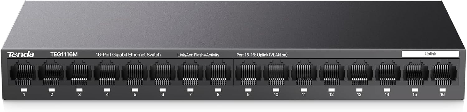 Tenda TEG1116M 16-Port Gigabit Switch, Unmanaged, VLAN, Lüfterlos, Metallgehäuse, Wandmontage, Plug & Play, RJ45, Schwarz