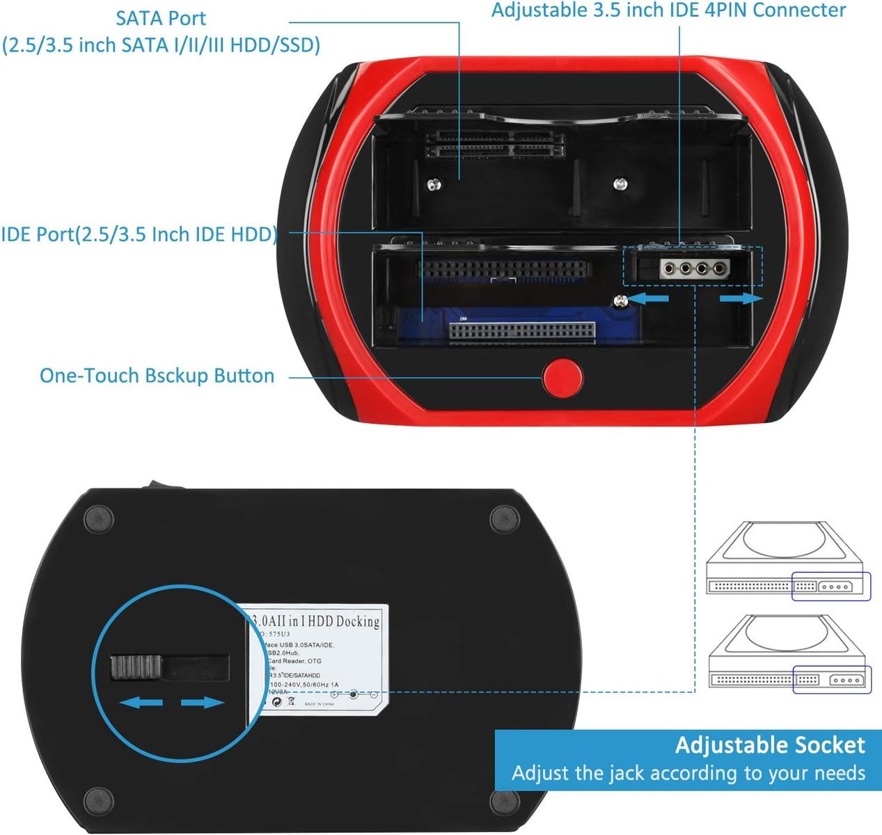 Tccmebius TCC-S868 USB 3.0 Festplatten-Dockingstation, Dual-Slot 2,5/3,5 Zoll SATA & IDE, One-Touch-Backup, bis 20 TB