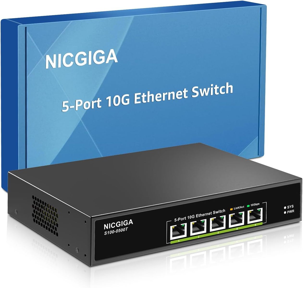 NICGIGA S100-0500T 5-Port 10G Ethernet Switch, unmanaged, 5x 10G/5G/2.5G/1G RJ45, 100Gbps, Metallgehäuse, Lüfter, Desktop/Rack, EU