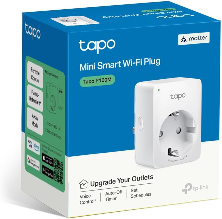 TP-LINK Tapo Matter Steckdose Tapo P100M, WLAN, Smart Home WiFi Steckdose, funktioniert mit Matter, Alexa, Google Home, Tapo App, Sprachsteuerung, Fernzugriff