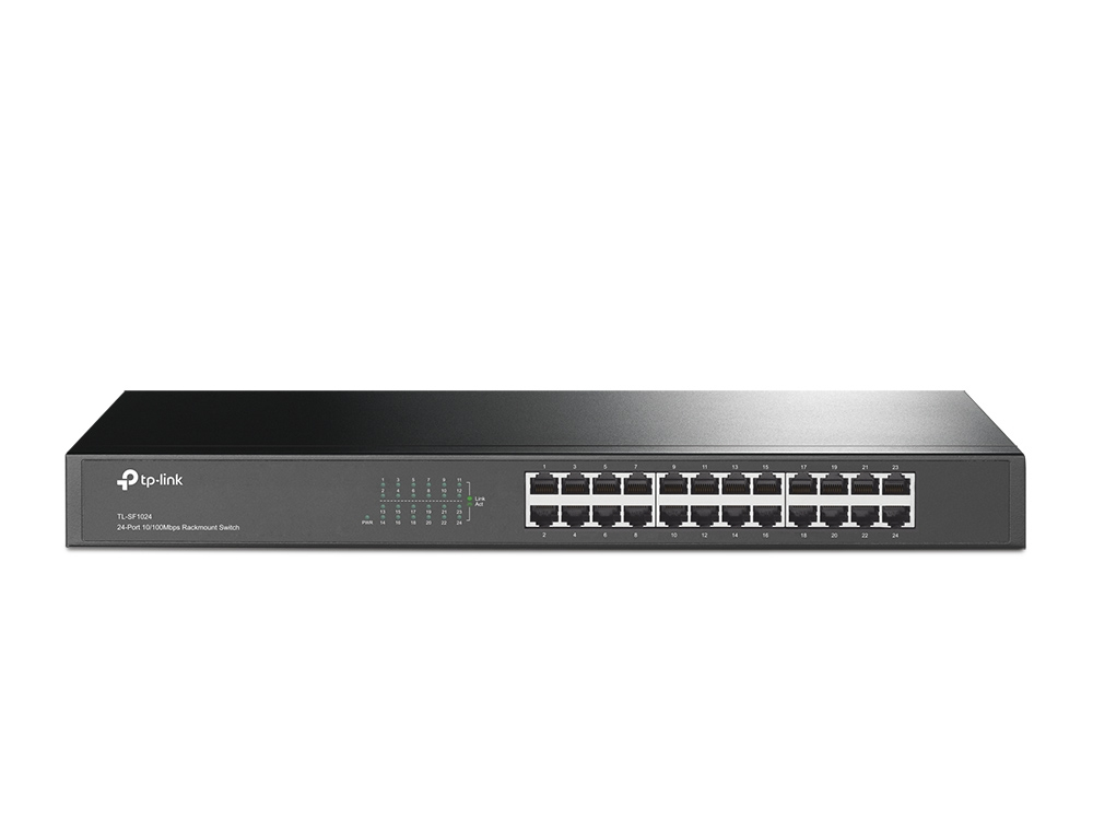 TP-Link TL-SF1024(UN) V10.0 24-Port 10/100 Mbit/s Rackmount-Switch, Unmanaged, 1U, AC-Netzteil, Metallgehäuse, Grau, EU