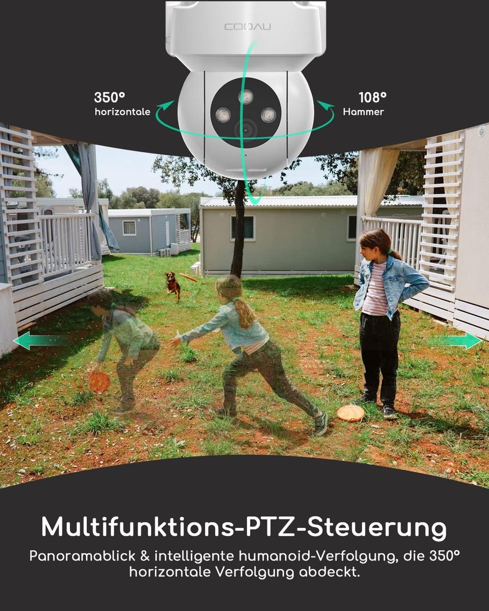 COOAU 2K Überwachungskamera Aussen,PTZ WLAN Kamera Outdoor IP WiFi Kamera Überwachung Außen mit Automatische Menschliche Verfolgung,24/7 Aufnahme,Nachtsicht in Farbe,IP66, SD-Karte/Cloud-Speicher 1 Stück