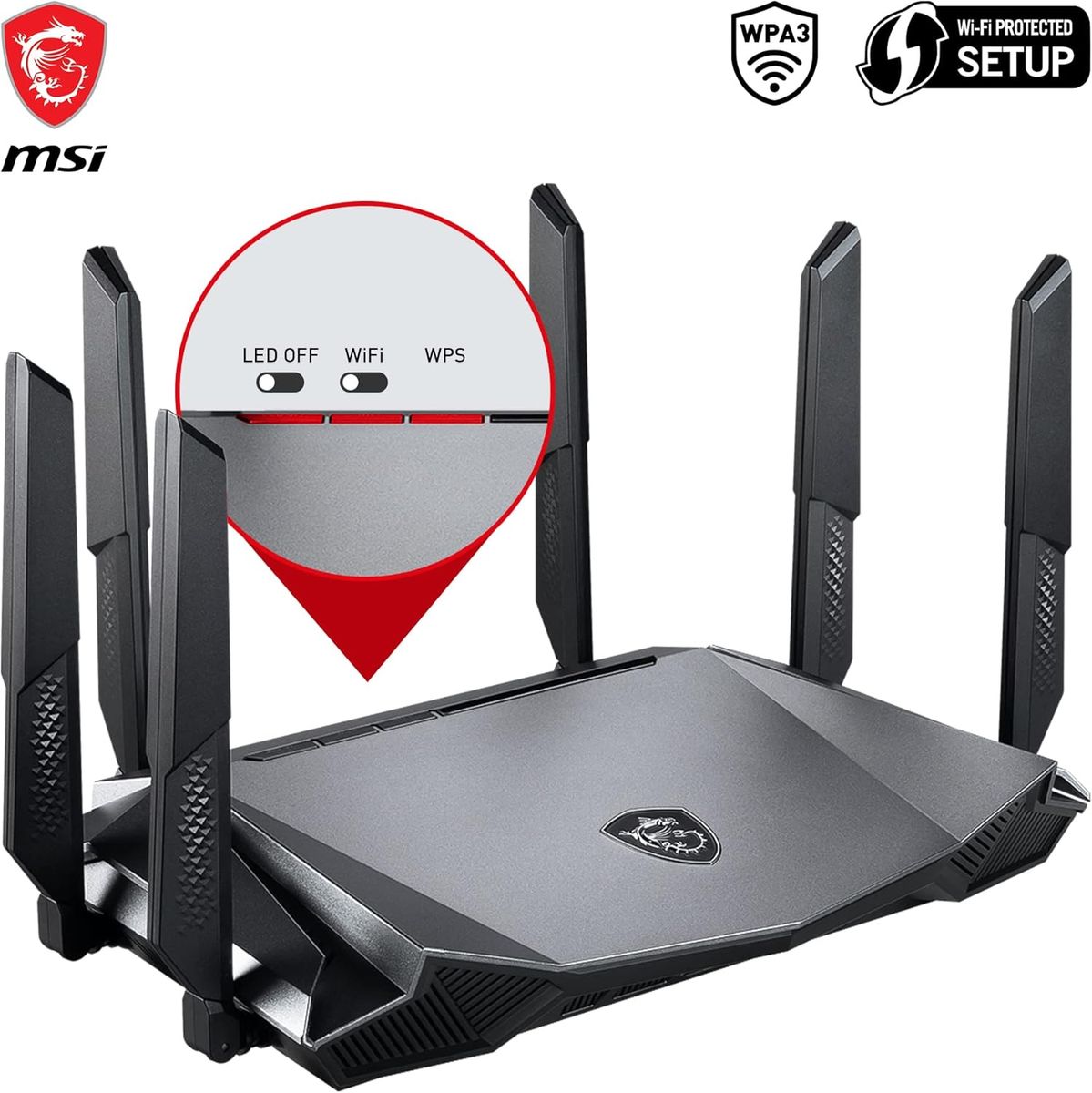 MSI GRAX66 RadiX AX6600 Tri-Band WiFi 6 Gaming Router, AX6600 6600 Mbit/s, 2.5G WAN/LAN, 4x 1G LAN, USB 3.0, AI QoS, MU-MIMO, WPA3, EU