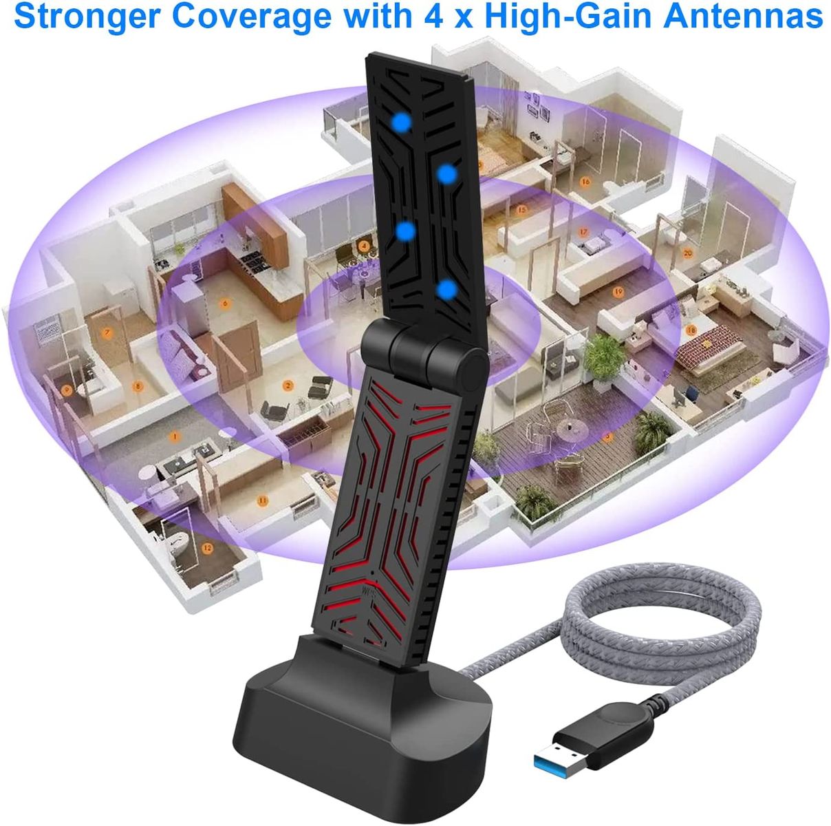 WAVLINK AC1900 USB 3.0 WiFi Dongle Adapter for PC, High Gain Wireless Adapter with 120 cm Cable for PC/Desktop/Tablet/Laptop, Internet Dongle Supports Windows and Mac OS