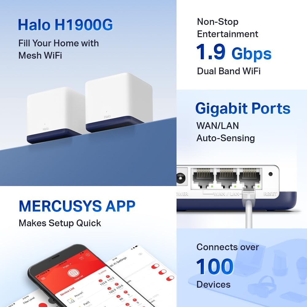 Mercusys Halo H1900G (3er-Pack) TP-Link WiFi Mesh Dual-Band WLAN-Router AC1900 Mbps, Abdeckung bis zu 550 m², 3 Gigabit-Ports, WLAN-Repeater, leistungsstarke Kindersteuerung, erfüllt das Haus mit WLAN