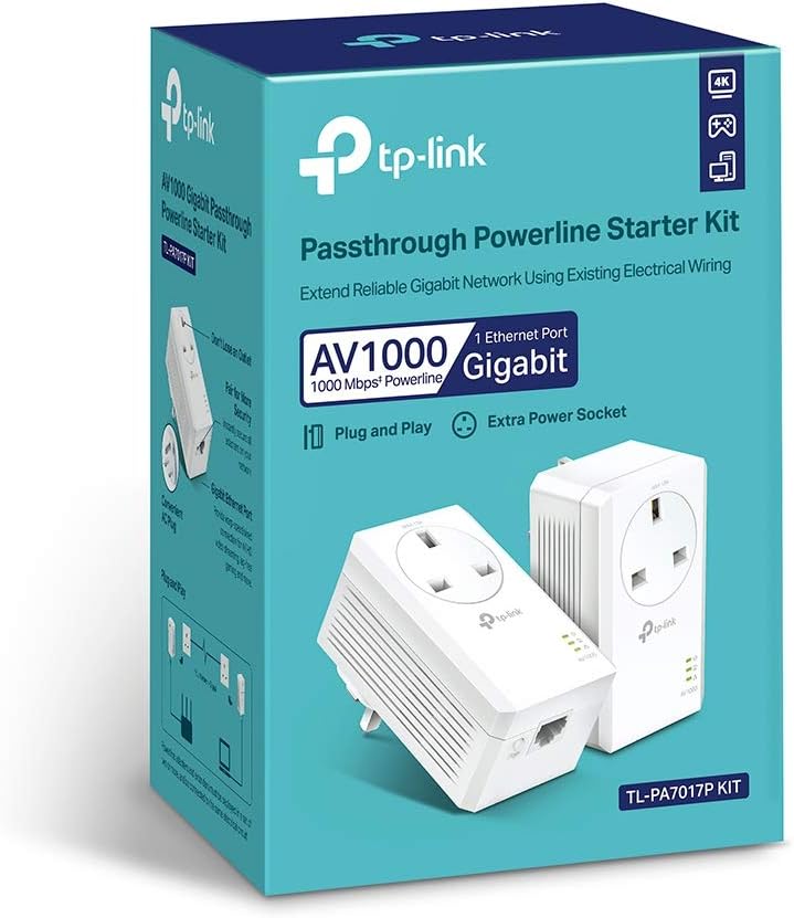 TP-Link TL-PA7017P KIT UK V4.0 Powerline Adapter 1000 Mbit/s, Gigabit Ethernet, Eingebaute Steckdose, Weiß, 2er-Set