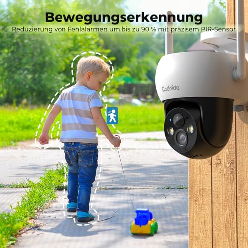 Codnida Q02 Außen Überwachungskamera Akku Solar, Kabellos WLAN PTZ 360° Schwenk-Neige, 2K Farbnachtsicht, PIR-Bewegungserkennung, 2-Wege-Audio, SD/Cloud