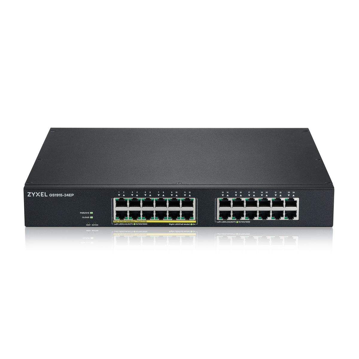 Zyxel GS1915-24EP-EU0101F Managed L2 Gigabit PoE Switch, 24x 10/100/1000, 12x PoE Ports, 130 W PoE, 1U Rack, Schwarz