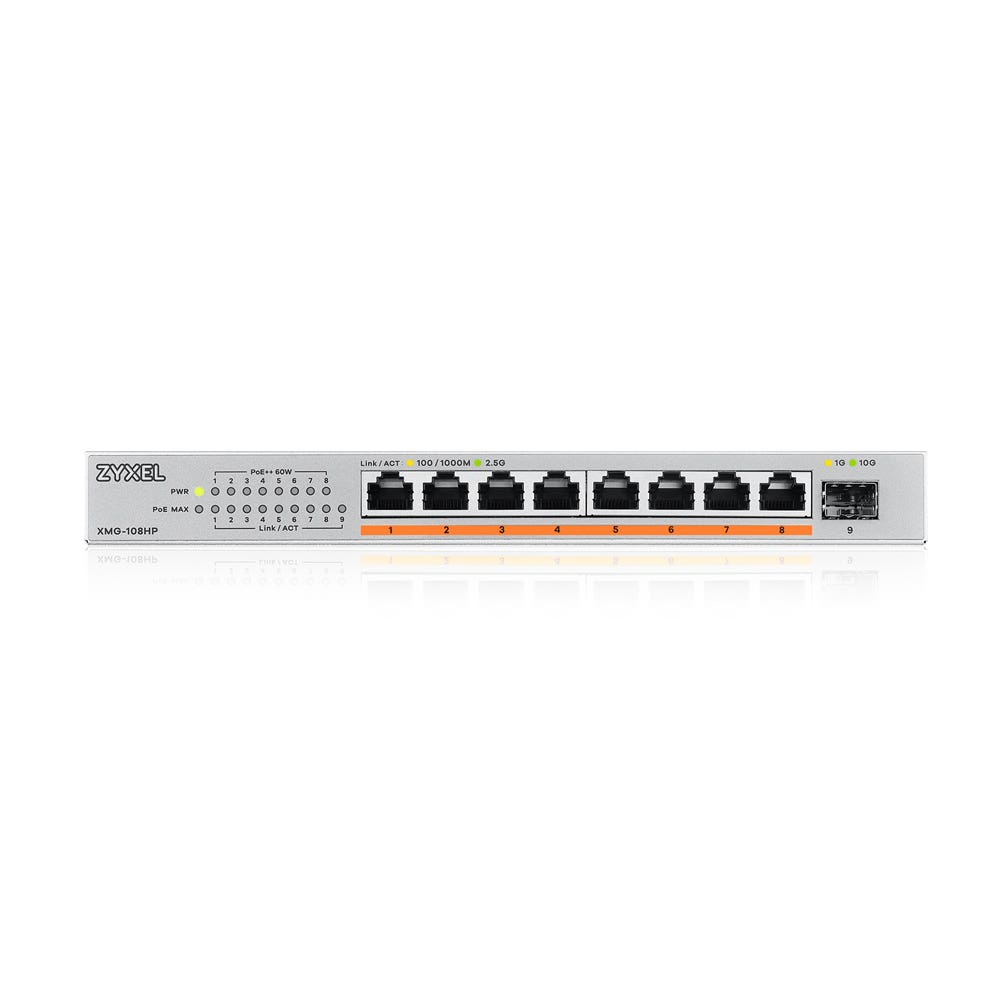 Zyxel XMG-108HP Unmanaged 8-Port 2.5G PoE++ Switch, 8x 2.5G RJ45, 1x SFP+, 100W PoE, DC-Netzteil, 60 Gbit/s