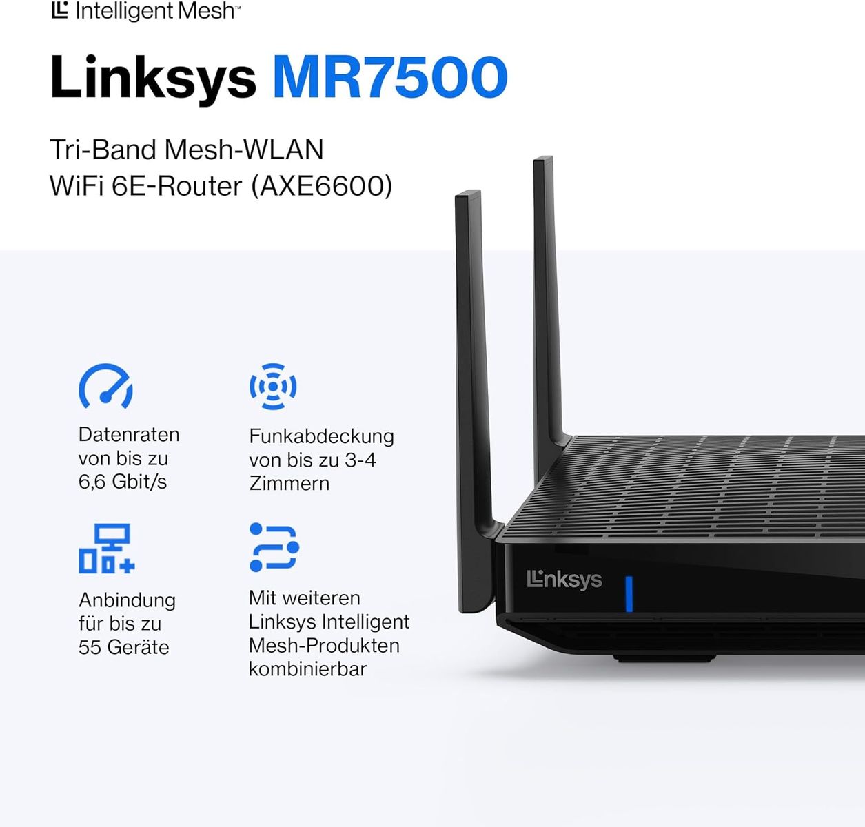 Linksys Hydra Pro 6E Tri‑Band WiFi-6E-Mesh-Router – 8-Stream-Router zum Gamen,Zugriff auf das 6-GHz-Band,bis 6.6 Gbit/s,250 m² Funkabdeckung,mehr als 55 Geräte,geeignet Velop-Mesh-Systeme,MR7500-EU