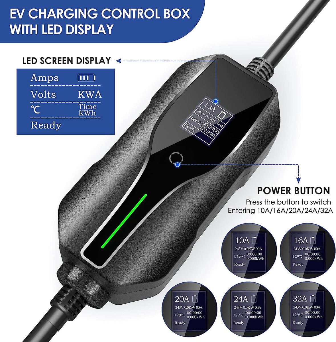 TTLIFE Tragbares Typ 2 EV Ladegerät für CEE Stecker,Ladegerät für Elektrofahrzeug-Ladekabel,10A/16A/20A/24A/32A Schaltbare mit Digitalanzeige,7,2KW, IEC 62196-2, 5 Meter Mit Aufbewahrungstasche