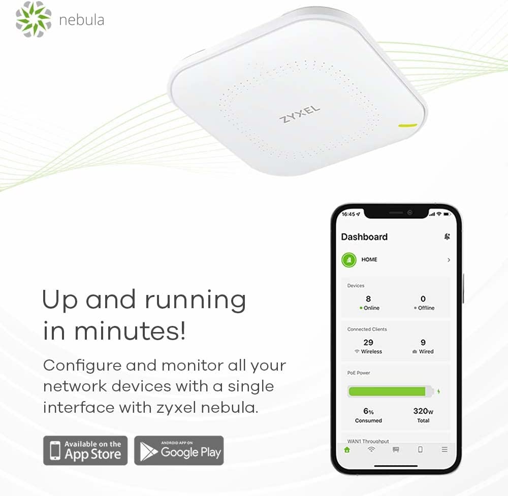 Zyxel Cloud WiFi6 AX1800 Wireless Access Point 802.11ax Dual Band 1.77 Gbps Managed via Nebula APP/Cloud or Standalone up to 4 Separate Wi-Fi Networks PoE Power Supply Included [NWA500 AX] Wi-Fi 6 AX1800 Small Business