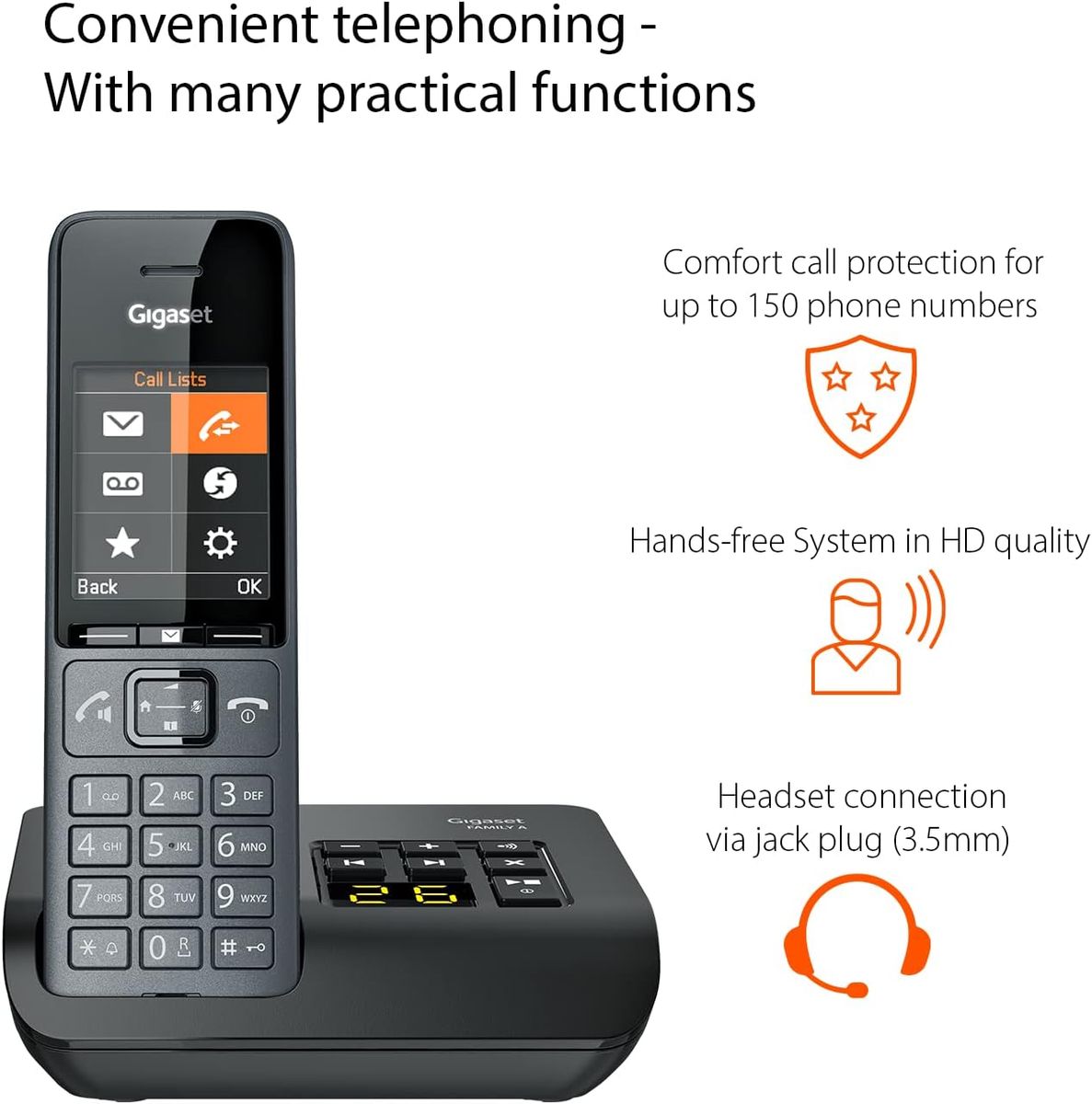 Gigaset Family A Duo - Zwei Mobilteile - Schnurloses DECT-Telefon mit Anrufbeantworter - Zeitloses und elegantes Design, Schwarz