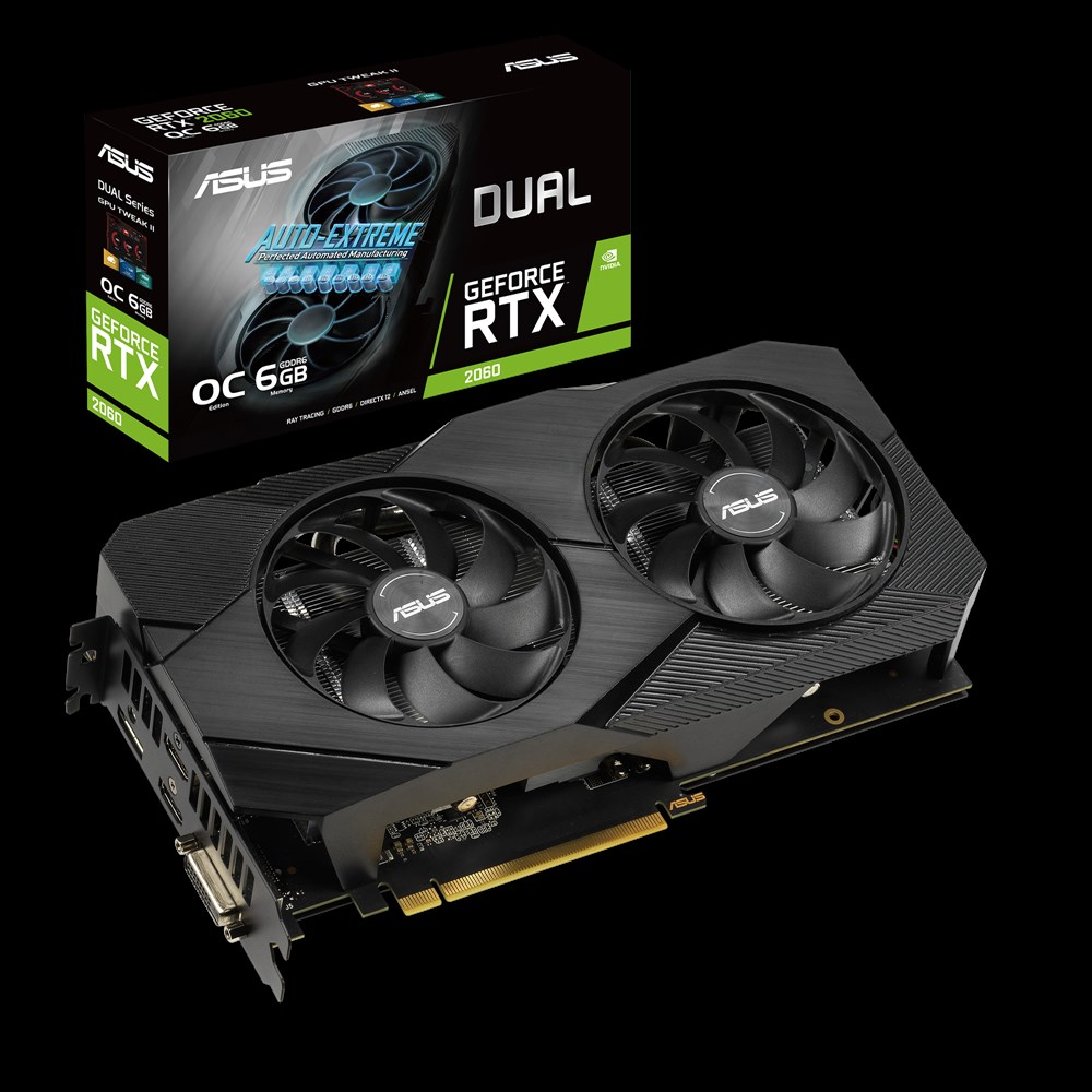 ASUS Dual RTX 2060 O6G EVO Grafikkarte, NVIDIA GeForce RTX 2060, 6 GB GDDR6, PCIe 3.0 x16, 192 Bit, HDMI 2.0b, DisplayPort 1.4, DVI-D, 1x 8-pin, 2x Lüfter