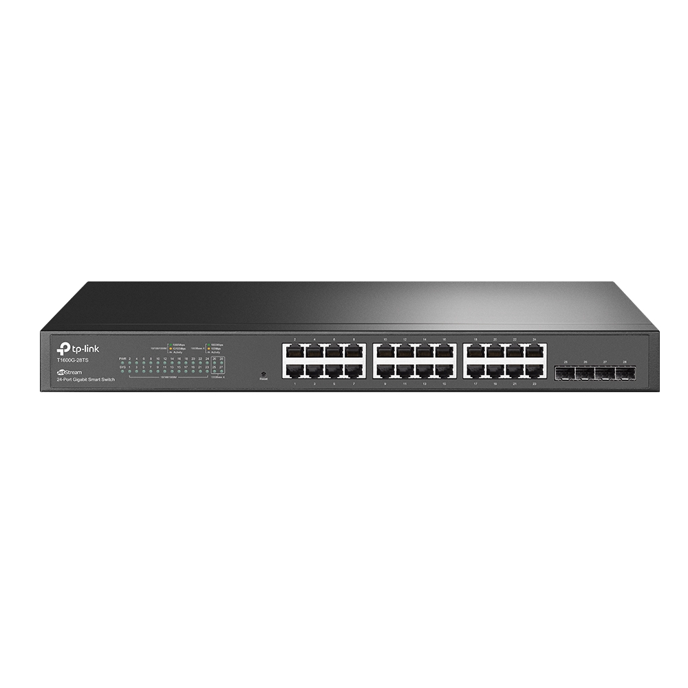 TP-Link T1600G-28TS(UN) V3.0 Managed L2/L2+ Gigabit Switch, 24x 10/100/1000 RJ45, 4x SFP, 1U, Schwarz, EU Plug