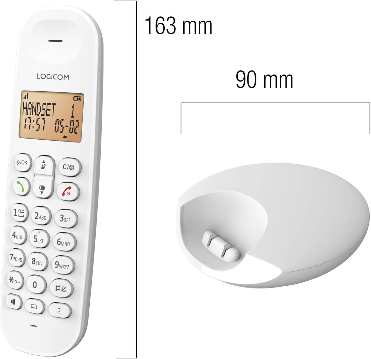 LOGICOM Schnurloses Festnetztelefon Iloa 150 Weiß, analoge und DECT-Telefone, 7 Std. Sprechzeit, 50 Kontakte, 10 Klingeltöne, Freisprecheinrichtung, Tastatursperre, Alarm