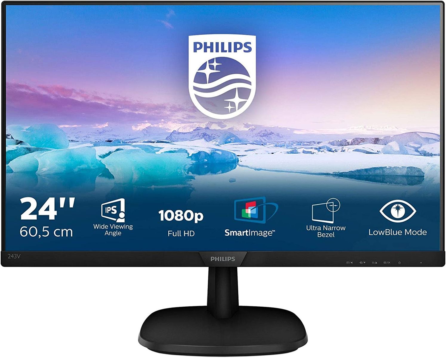 Philips 243V7QDSB 24 inch FHD Monitor 75Hz 4ms IPS Flicker free Narrow border 1920x1080 250 cd/m² VGA/HDMI/DVI