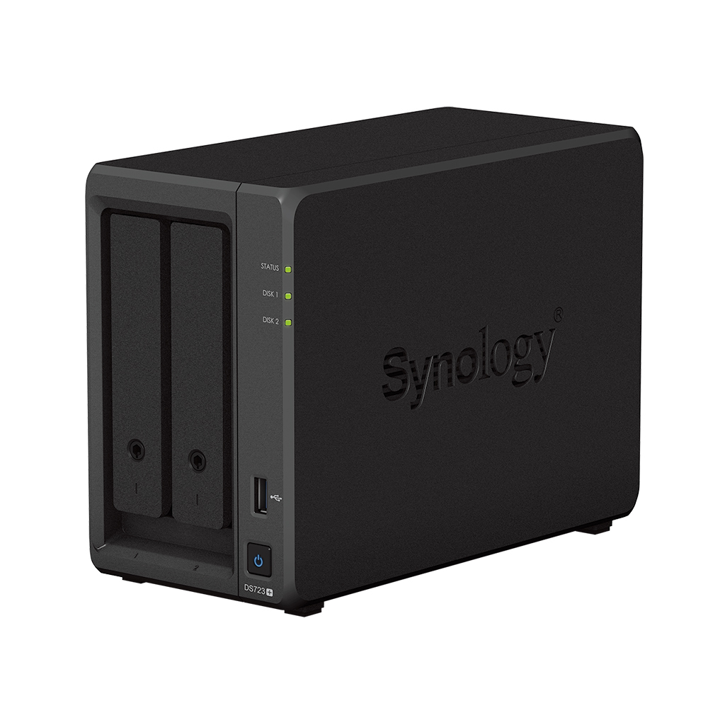 Synology DS723+ 2-Bay NAS Tower, Ryzen R1600, 2 GB DDR4, DiskStation Manager DSM 7.1.1, 10GbE-ready, 2x NVMe, Schwarz