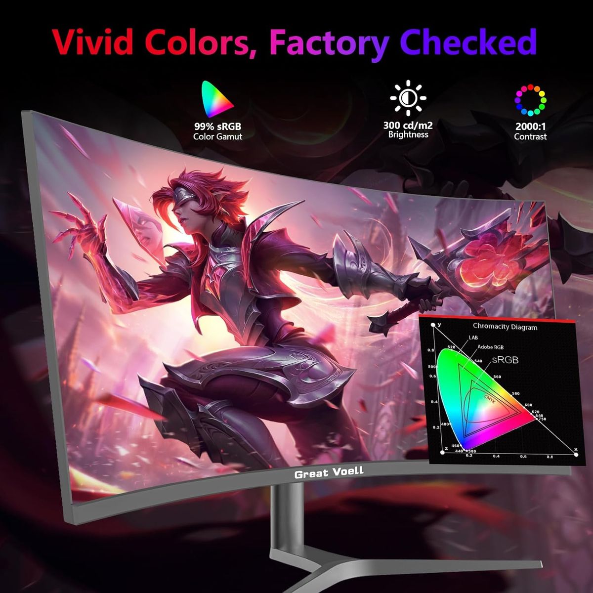 Great voell 38-Zoll Curved Gaming Monitor, 144Hz, UWQHD 3840x1600, 2500R, 1ms, 99% sRGB, FreeSync, HDR, Anti-Blue Light, VESA montierbar, HDMI 2.0, DP 1.4, Multifunktionsständer