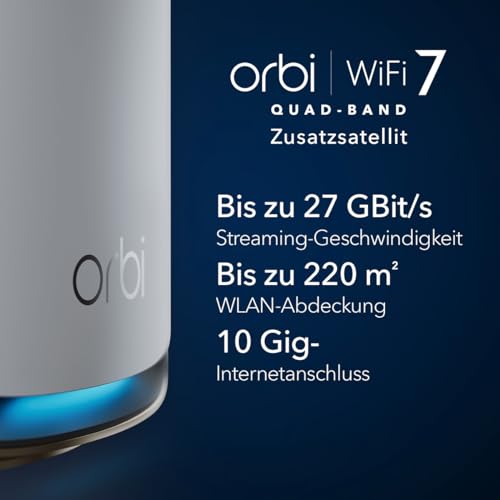 NETGEAR Orbi 970 Series Mesh-Satellit, Quad-Band WiFi 7, 11530 Mbit/s, Grau, Intern, WPA3, 3x LAN, EU