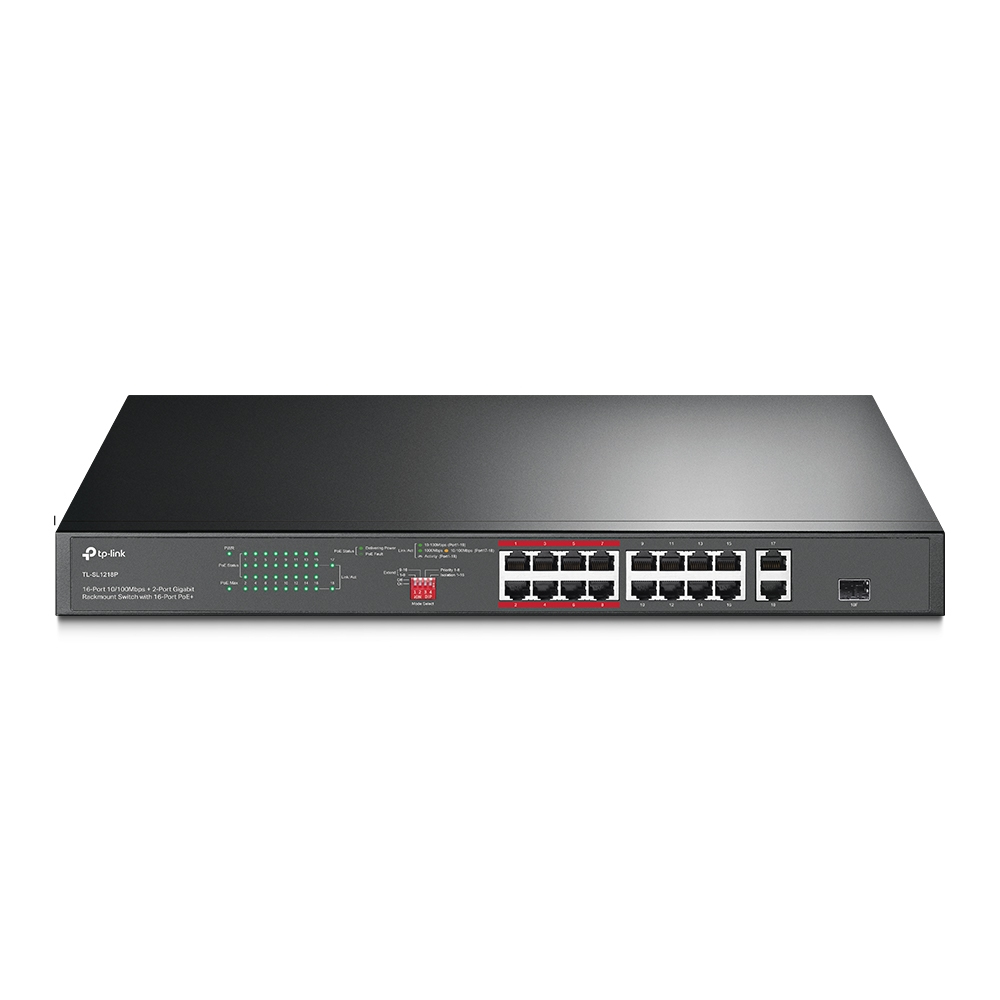 TP-Link TL-SL1218P(UN) V3.0 16-Port PoE+ Switch, 10/100 Mbps + 2x Gigabit, 150 W PoE-Budget, Unmanaged, 1U Rackmount, 16×PoE+ 30 W, EU