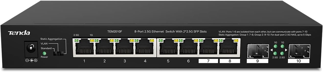 Tenda Switch 8 Port 2.5 Gigabit LAN Switch mit 2 SFP-Ports (VLAN, Statische Aggregation, Unmanaged, Plug-and-Play, Desktop-/Wandmontage, Metallgehäuse) (TEM2010F)