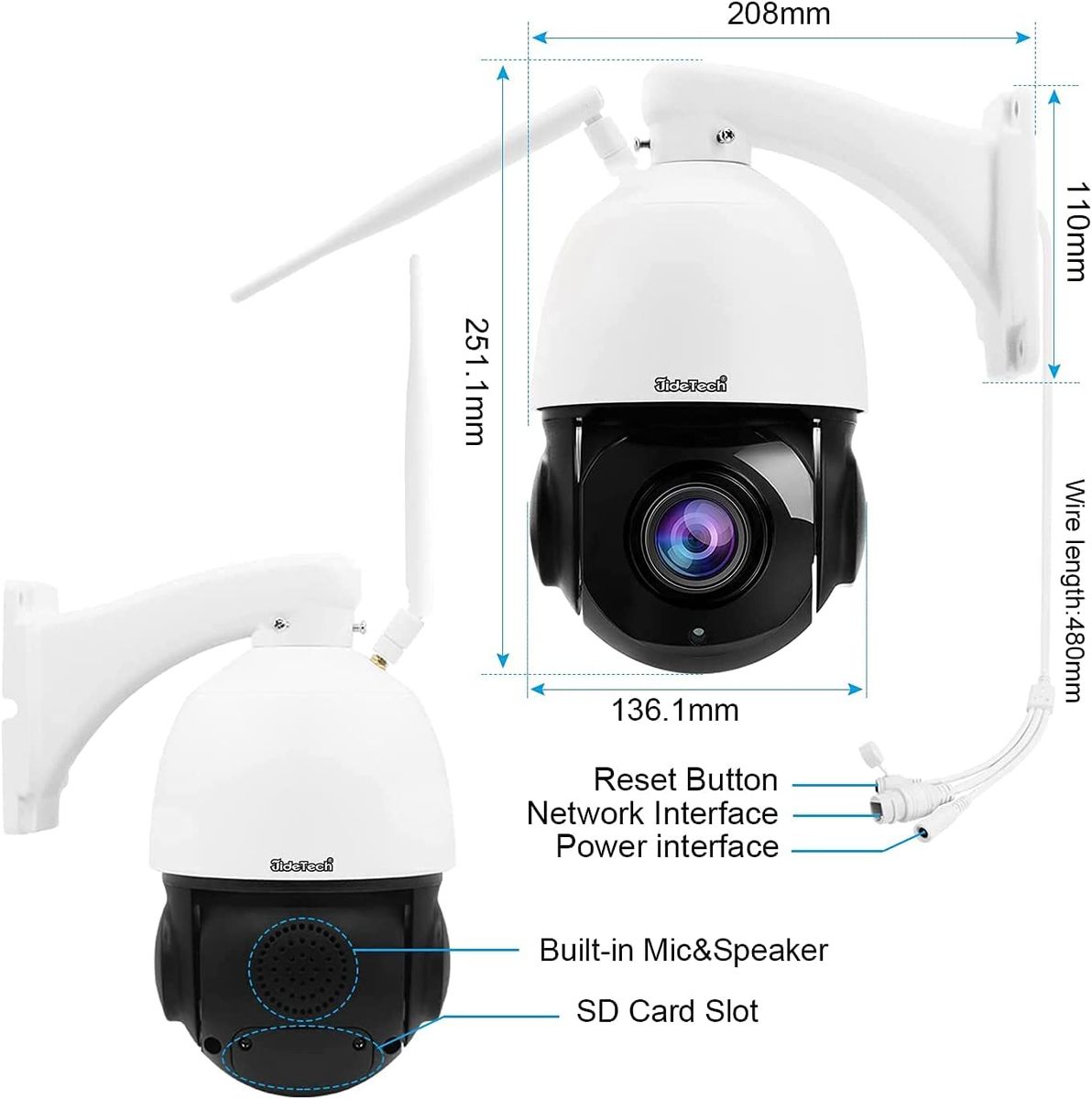 JideTech 5MP PTZ Wi-Fi Überwachungskamera Aussen 360° Dome Auto Tracking IP Kamera,20x optischer Zoom,Eingebautes Zwei Wege Audio,Humanoide Bewegungserkennung 70M IR Nachtsicht Eingebauter SD-Kartenschlitz Single