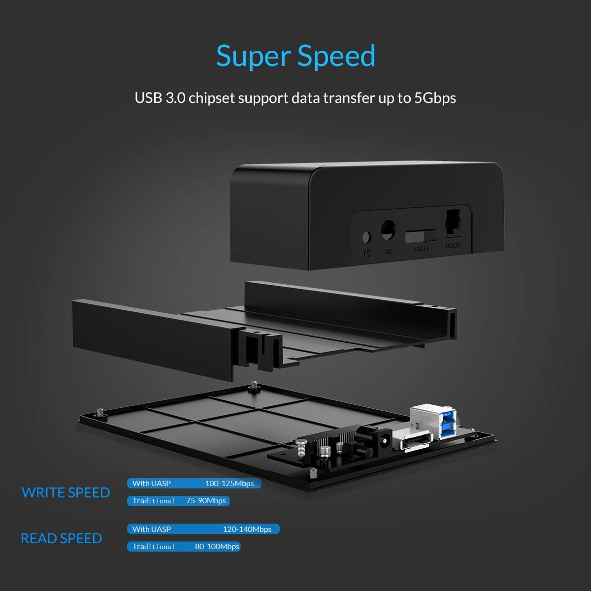 ORICO USB 3.0 und eSATA auf 2,5/3,5 Zoll SATA Externe Festplatten-Dockingstation – Schwarz