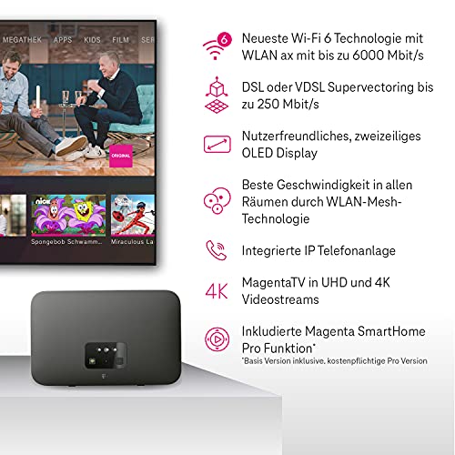 Telekom Speedport Smart 4 R Tabletop-Router mit integriertem Modem, Wi‑Fi 6 Dual-Band 6000 Mbit/s, Gigabit Ethernet, DSL-WAN, USB, Schwarz