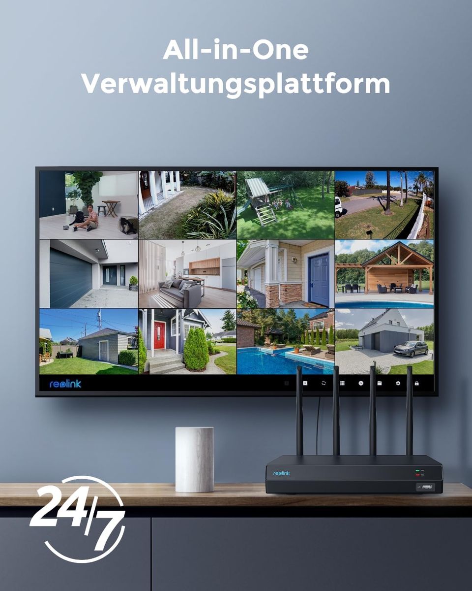 Reolink RLN12W 12CH WLAN NVR, Wi-Fi 6, Integrierte 2 TB HDD, 2,4/5 GHz, Für Reolink WLAN- & Akku-Kameras, Keine PoE-Ports, 24/7 Aufzeichnung, Schwarz