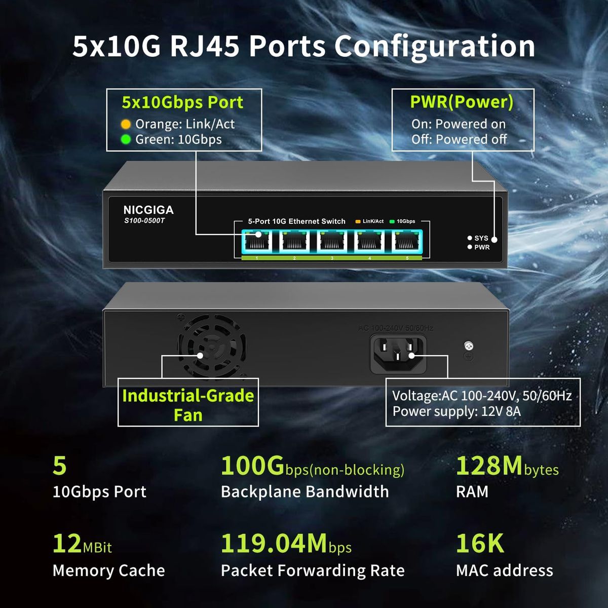 NICGIGA S100-0500T 5-Port 10G Ethernet Switch, unmanaged, 5x 10G/5G/2.5G/1G RJ45, 100Gbps, Metallgehäuse, Lüfter, Desktop/Rack, EU