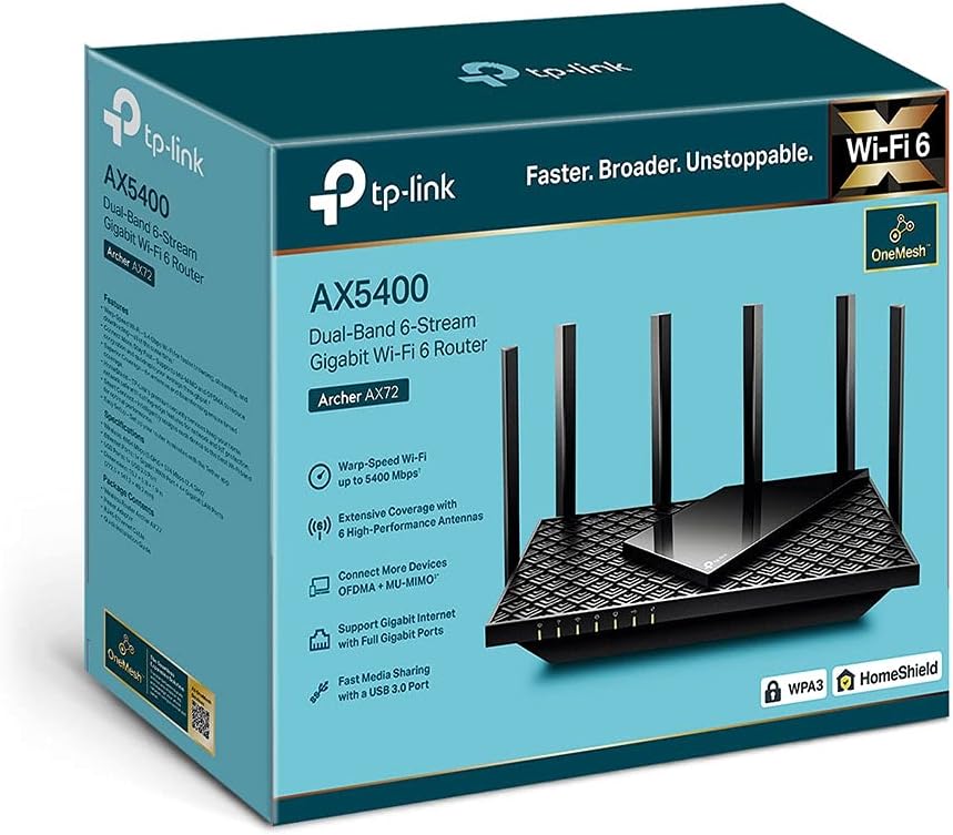 TP-Link Next-Gen Wi-Fi 6 AX5400 Mbps Gigabit Dual Band Wireless Router, OneMesh™ unterstützt, Dual-Core CPU, TP-Link HomeShield, Ideal für Gaming Xbox/PS4/Steam, Plug and Play (Archer AX72) AX5400 Mbps WiFi6 Gigabit