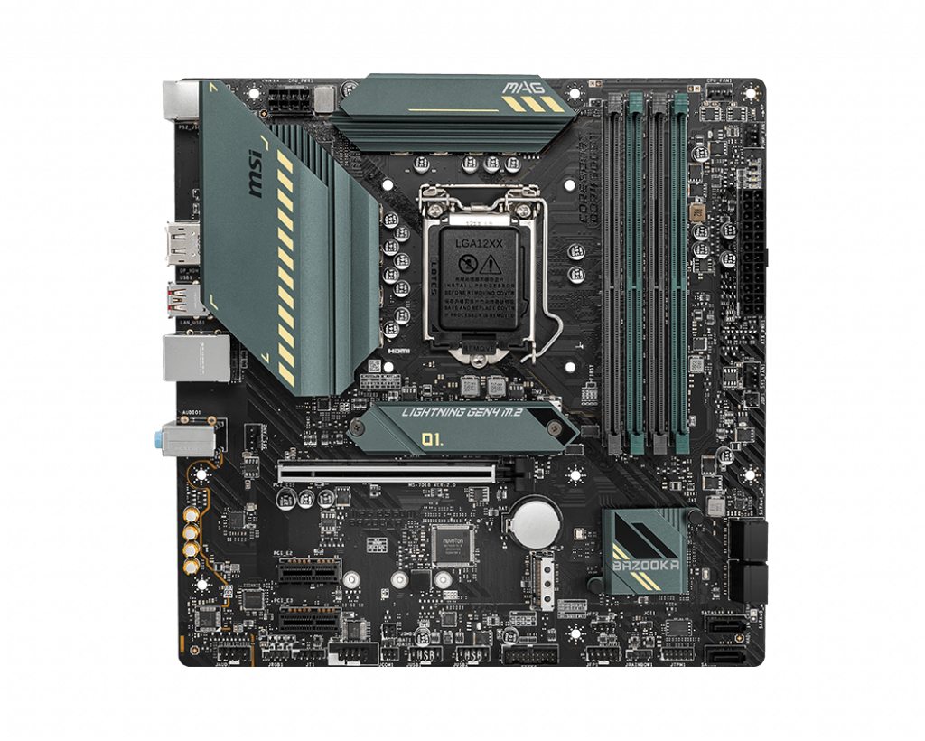 MSI MAG B560M BAZOOKA Gaming Mainboard M-ATX, unterstützt Intel Core Prozessoren der 11. Generation, LGA 1200, DDR4 Boost (5066MHz/OC), 1 x PCIe 4.0 x16, 2 x M.2 Gen4/3, 2.5G LAN M-ATX MAG B560M BAZOOKA