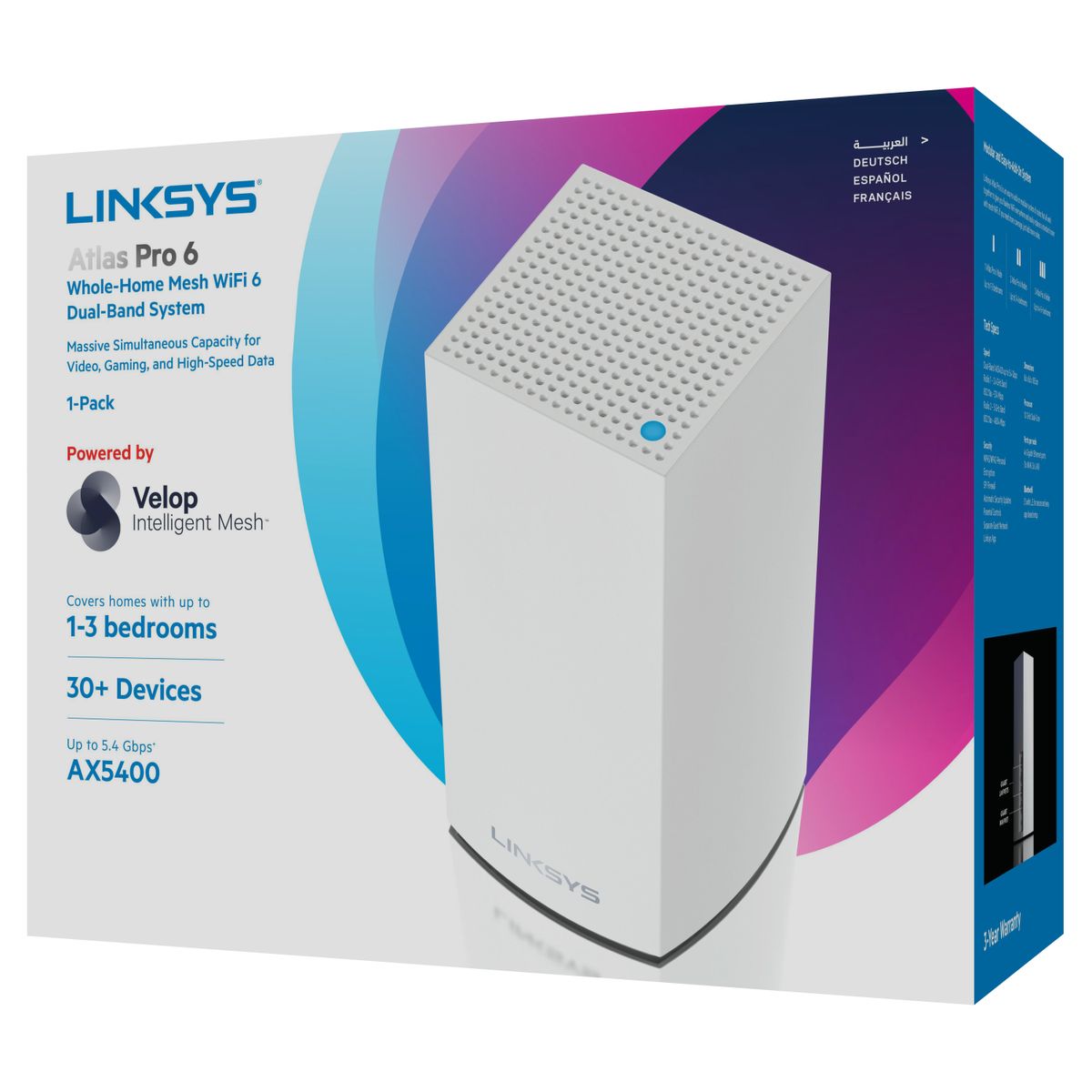 Linksys Atlas Pro 6 Velop Dual-Band-Mesh-WiFi 6-System (AX5400) WLAN-Router, Repeater, Extender mit bis zu 250 m² Funkabdeckung, 4-mal schneller, für mehr als 30 Geräte – 1er-Pack, Weiß AX5400 | Dual-Band 1 Pack | 1-2 Bedrooms