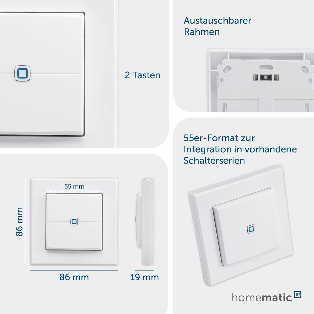 Homematic IP Smart Home Wandtaster – 2-Fach, Wandschalter, Zwei Tasten, Zubehör für Ihr Homematic IP Smart Home, universell einsetzbar, schaltet Aktoren und Thermostate, kabellos, 140665A0 Wandtaster - 2-fach, weiß